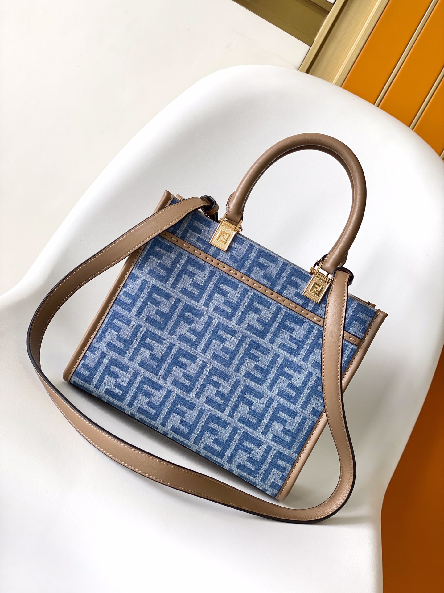 Fendi Small Sunshine Shopper Light Blue FF Jacquard Fabric Bag 